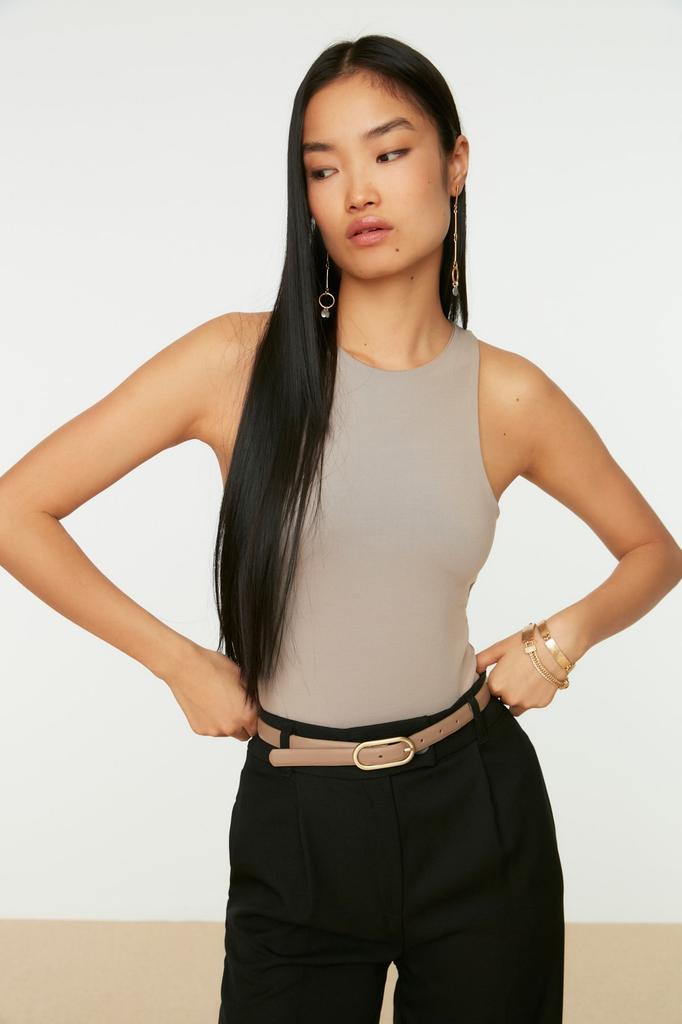 Women's Fashion New Bodysuit Green Halter Neck Fitted Flexible Snap Fastener Knitted Bodysuit