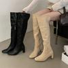 Retro Fold Two Wear Tall Boots Femininity Two-Color Lapel Over Knee High Heel Side Zipper Skinny Boots