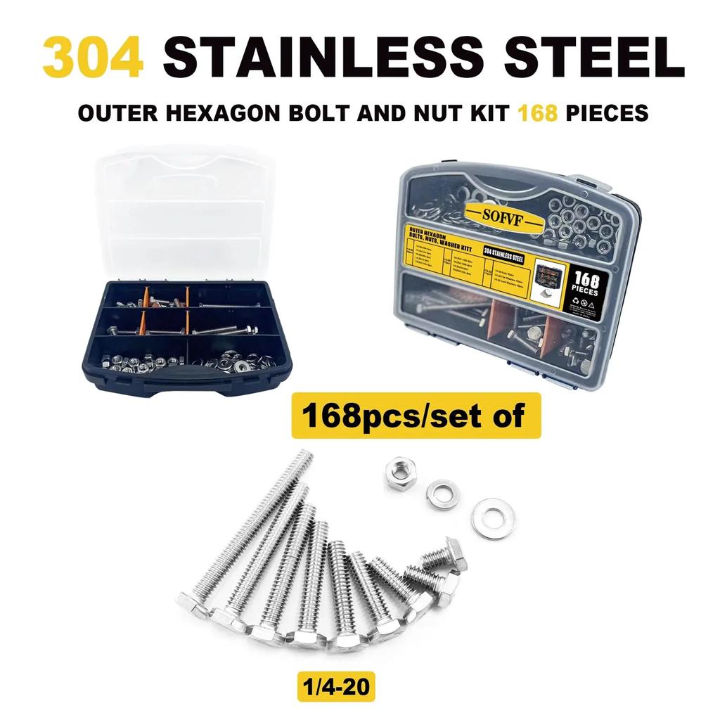 168Pcs Outer Hexagon Bolts, Stainless Steel Anglo-American Hexagon Head Bolts, Nuts, Washers Classification Combination Kit