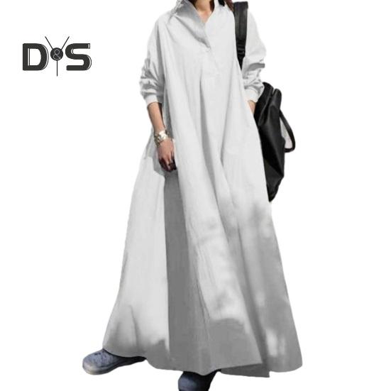 Женское платье-рубашка с длинным рукавом и V-образным вырезом, однобортное, однотонное, свободного покроя, повседневное, длинное, в уличном стиле