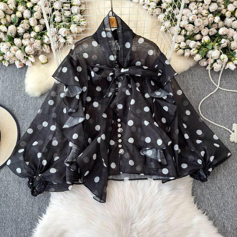 Stylish Ruffles Chiffon Shirt Women's Summer New Lantern Sleeve Shoelace Slim Looking Tie-Dye Inner Suspender Tops