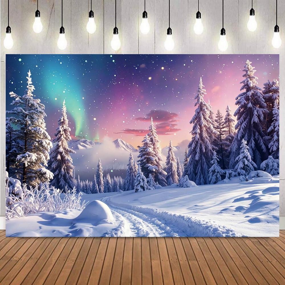 Winter Night Sky With Aurora Backdrop Snow Scene Mountains Lake Forest Starry Sky Natural Landscape Decor Photography Background1