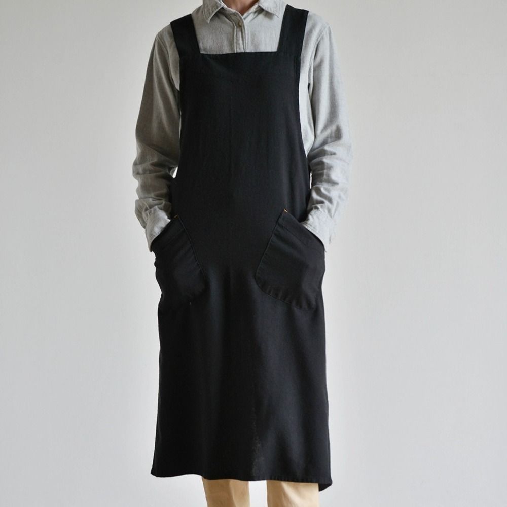 Cross Back Cotton Linen Apron with Pockets Gardening Work Apron Anti-dirty Pinafore Dress Baking