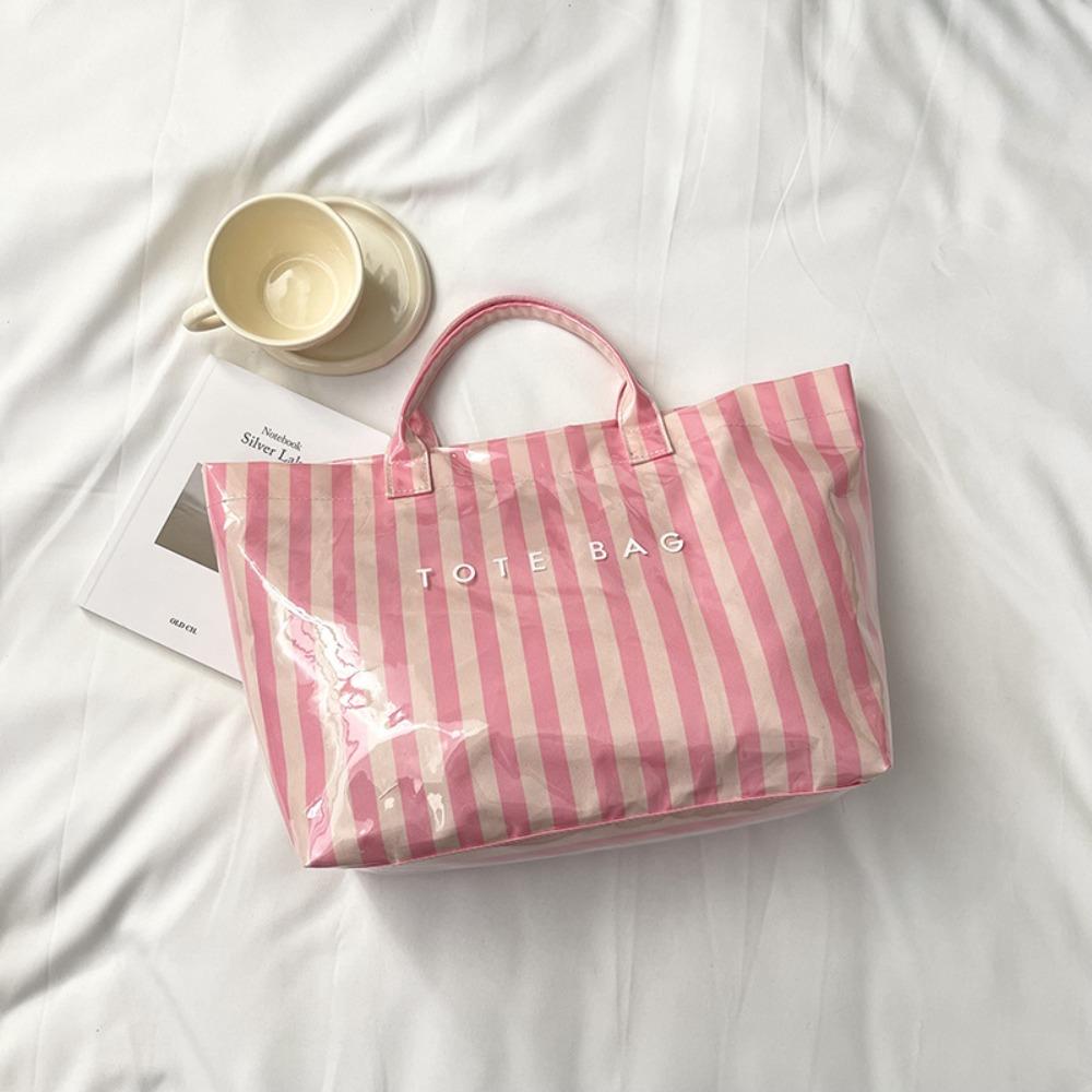 Stripe PVC Striped Tote Bag Letter Print Letter Prints Handbags Grocery Handbag