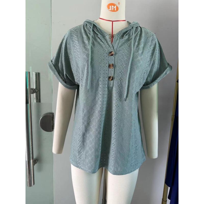 Летняя женская футболка, новая однотонная свободная футболка с короткими рукавами и пуговицами, топ