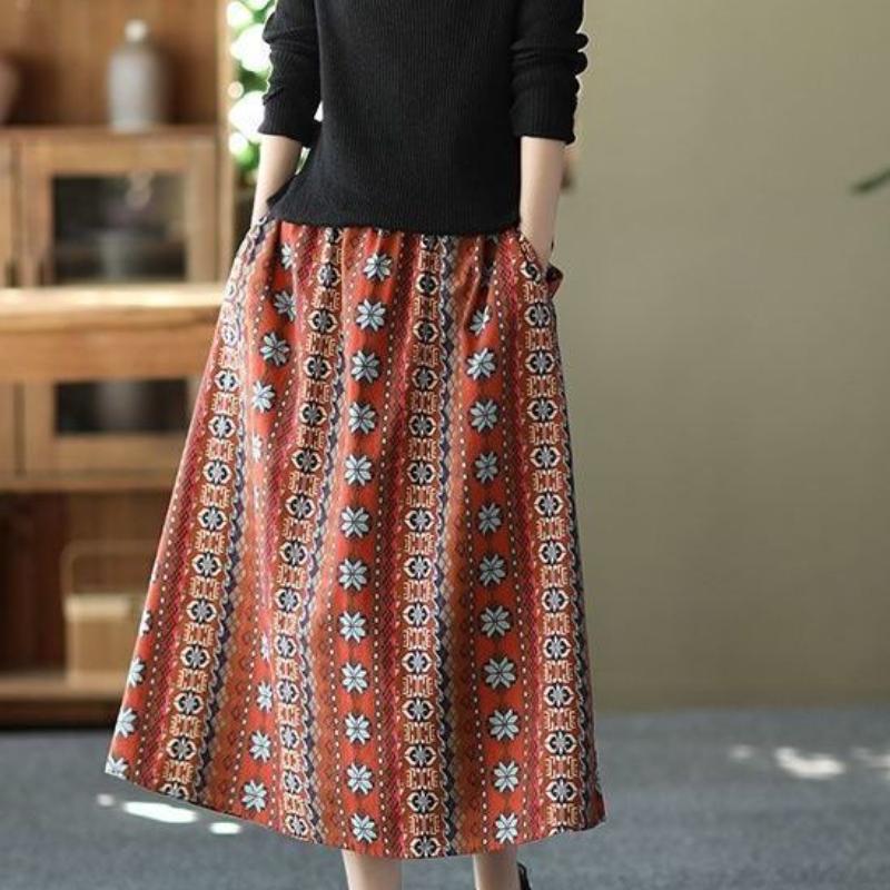 Весенняя и летняя одежда, утягивающая и с высокой талией, юбка А-силуэта средней длины, этнический стиль, юбка средней длины для женщин