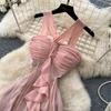 Французский holiday style сетчатое платье с вырезом на шее женское летнее романтическое стиль без рукавов с оборками тонкое темпераментное длинное платье