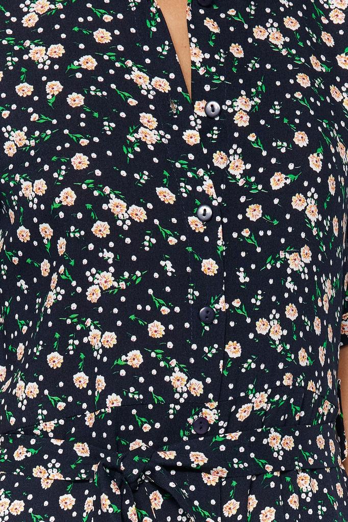 Women's Fashion New Dress Black Floral Pattern Slit Woven Shirt Dress