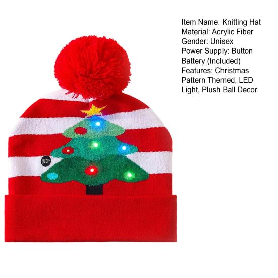 Knitting Hat with LED Lights Santa Claus Deer Christmas Tree Pattern Winter Illuminated Hat Festive Atmosphere Accessory