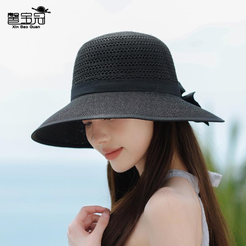 Летняя пляжная шляпа от солнца с бантом, женская модная шляпа от солнца с большими полями, полая, дышащая, солнцезащитная шляпа-ведро