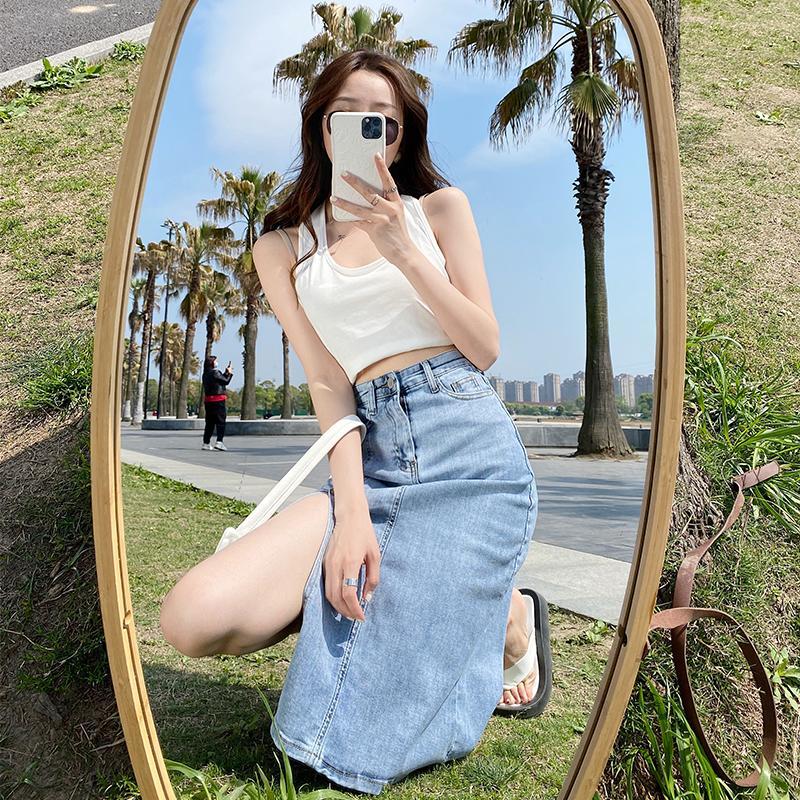 Новая модная женская летняя джинсовая юбка-макси, повседневная облегающая длинная юбка с высокой талией и разрезом, клубная юбка в уличном стиле