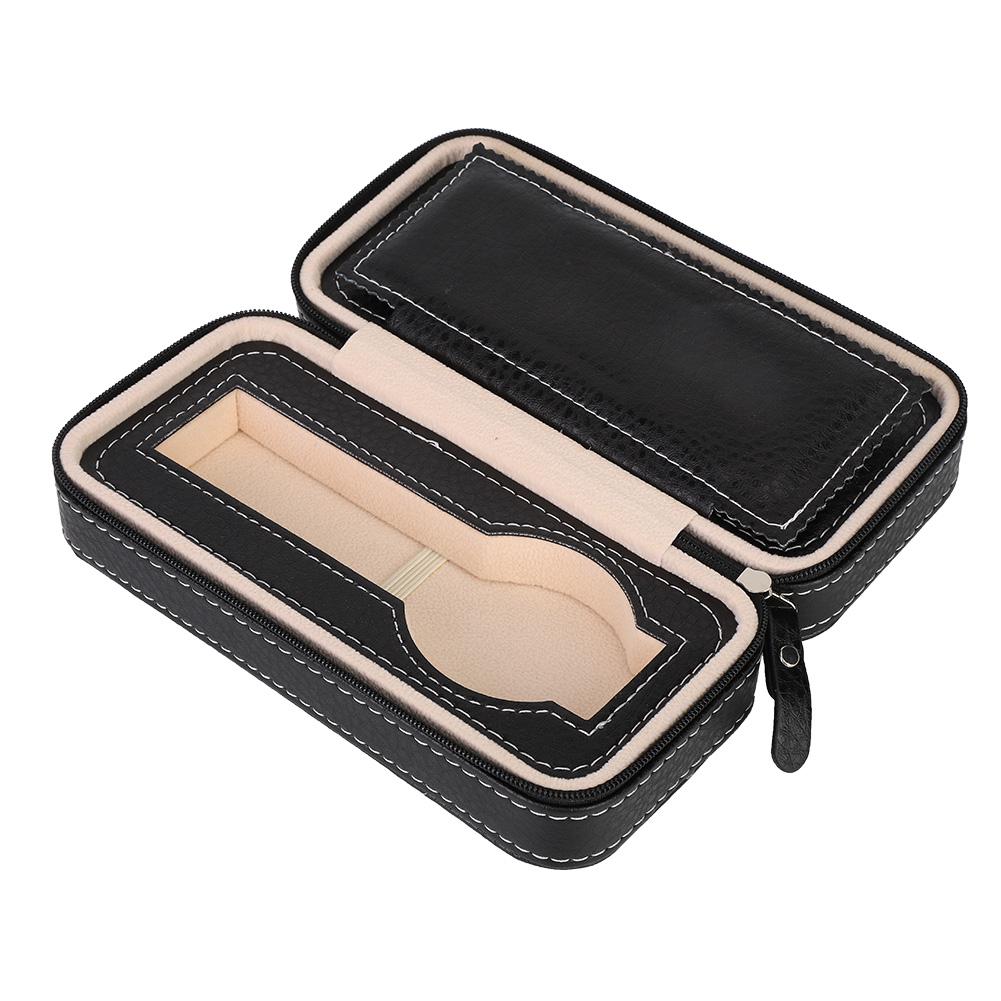 2Grids Portable Travel Watch Storage Box PU Leather Zipper Case Organizer Black