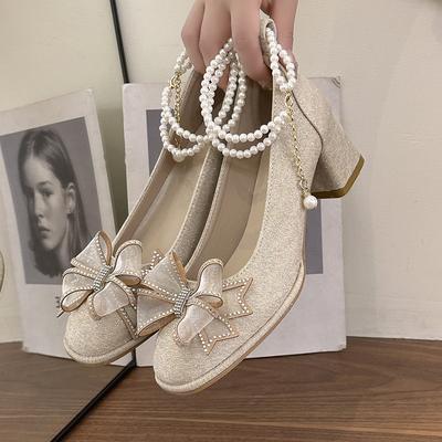 Туфли на высоком каблуке женские 2025 года новые стразы бант новые китайские жемчужные цепочки квадратная голова светлый рот толстый каблук универсальные одинарные туфли