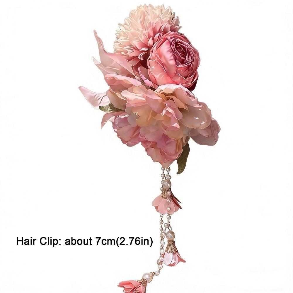 Elegant Design Flower Hairpin Pink Floral Headdress Tassel Hanfu Hair Accessories Party Wear