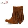 Autumn Winter Women Retro Tassel Ankle Boots Faux Suede High Heels Women Western Cowboy Fringe Booties Plus Size 46 Woman Shoes