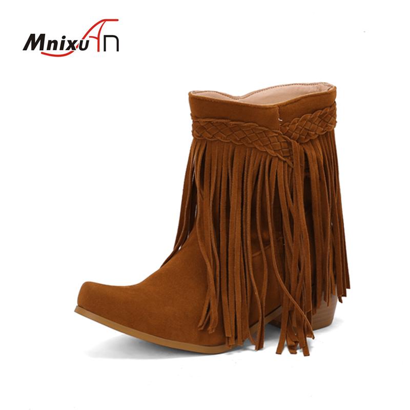 Autumn Winter Women Retro Tassel Ankle Boots Faux Suede High Heels Women Western Cowboy Fringe Booties Plus Size 46 Woman Shoes