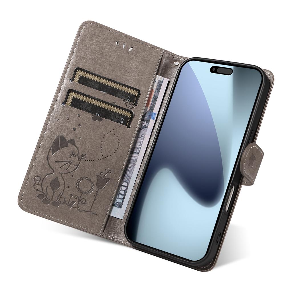 For iPhone 17 Pro Leather Wallet Case Cat Bee Pattern Phone Cover Stand