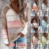 Women's Fashion V-Neck Long Sleeve Knit Sweater Casual Color Block Hollow Out Stripe Drawstring Hooded Pullover Sweatshirt Tops Plus Size