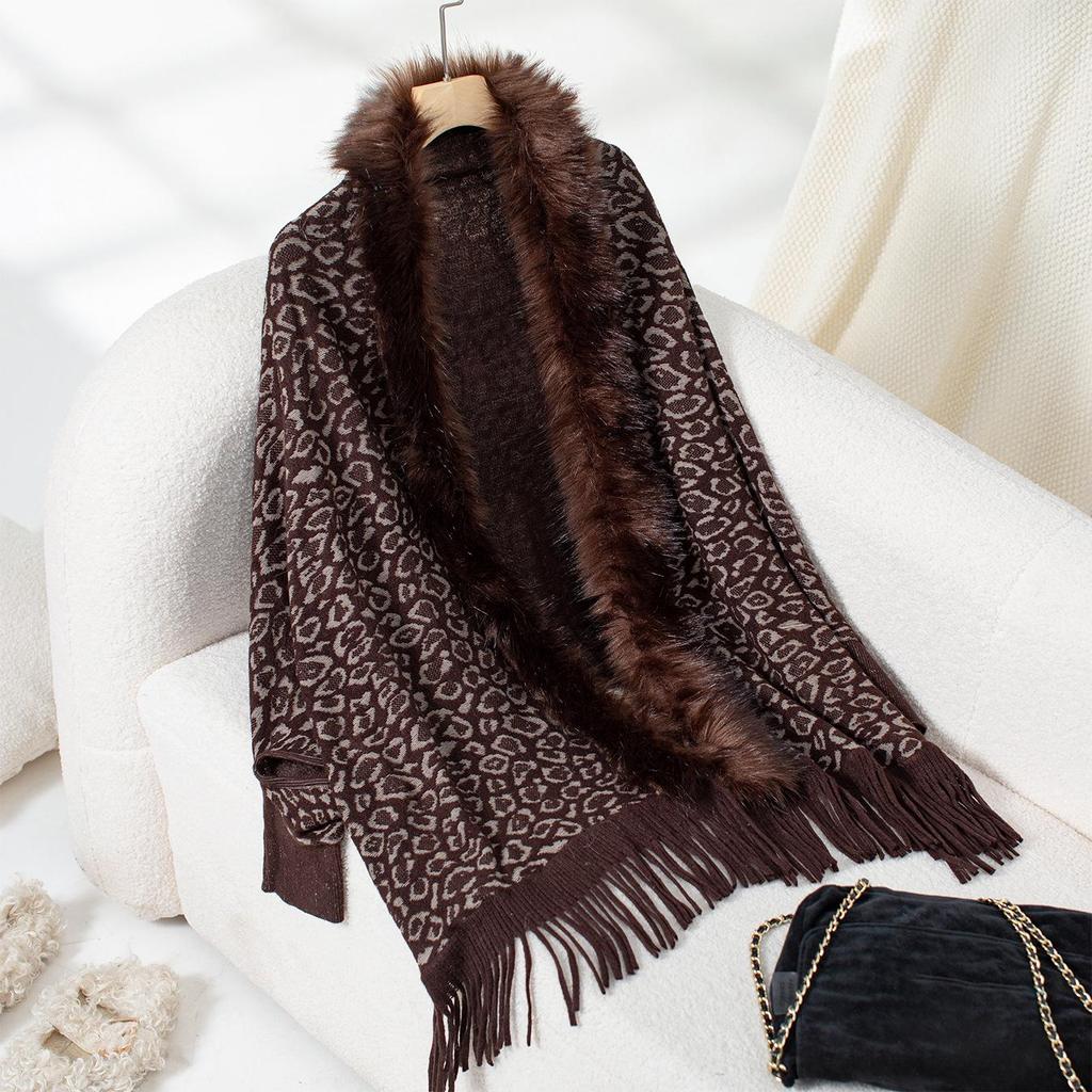 Autumn/Winter Leopard Print Fur Collar Batwing Sleeve Cardigan for Women