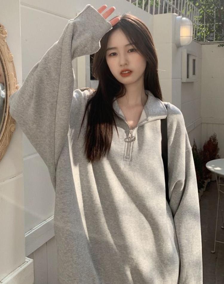 Повседневные толстовки большого размера, женские корейские корейские поло с воротником-поло, серые однотонные пуловеры, осенняя уличная одежда