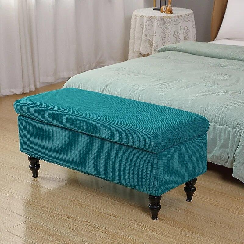 Solid Color Storage Ottoman Covers Rectangle Elastic Bedside Footstool Cover Non-Slip Polar Fleece Footrest Seat Bench Slipcover