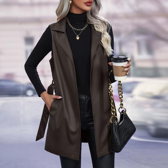 Женский жилет-пальто на осень-весну с поясом, шнуровкой на талии, отложным воротником, гладкий кардиган из искусственной кожи средней длины, женский жилет для поездок на работу и шопинга