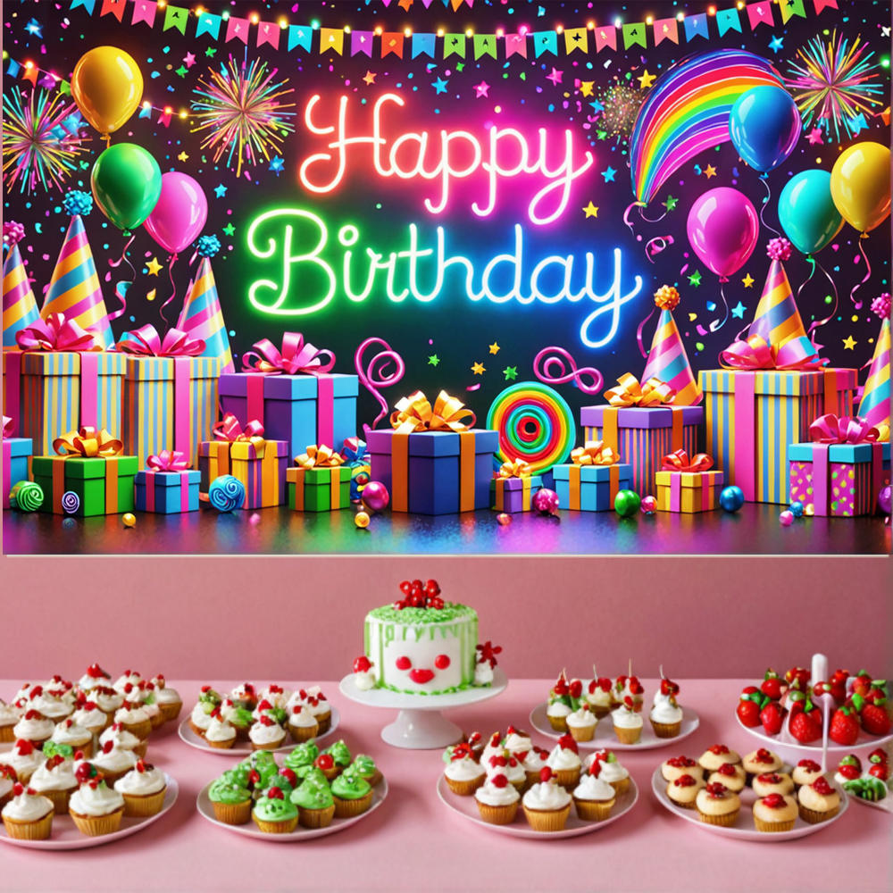 Glow Happy Birthday Background Neon Glow Splashed Graffiti on a Nrick Wall Decorated in the Dark Party Decoration Supplies