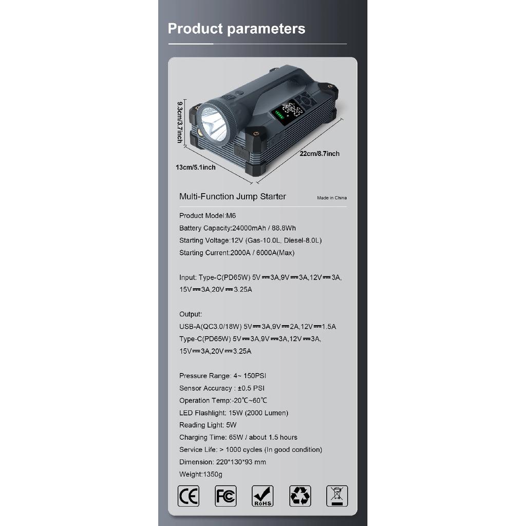 Пуско-зарядное устройство Camason Car Jump Starter 6000A/12V с компрессором для накачки шин, фонариком 15 Вт и функцией Power Bank 65 Вт