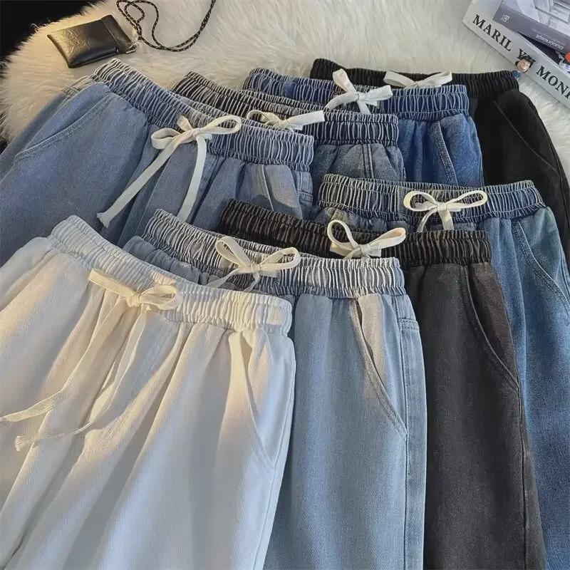 Прямые джинсы унисекс с эластичной резинкой на талии в стиле ретро — модный американский уличный стиль для весны и осени