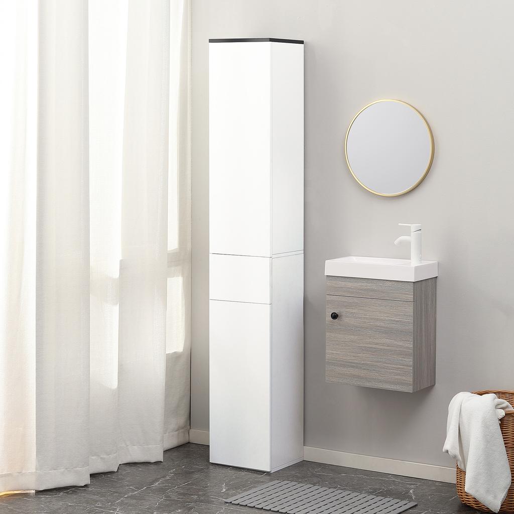 Bathroom Cabinet with Adjustable Shelf, 2 Closed Shelves and a Drawer in Wood, 30x28x180 cm, White