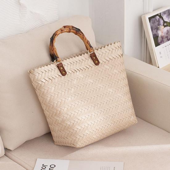 Пляжная сумка с деревянной ручкой. Изысканный многофункциональный плетеный вручную ротанг, большой соломенный дорожный аксессуар, ежедневное хранение.