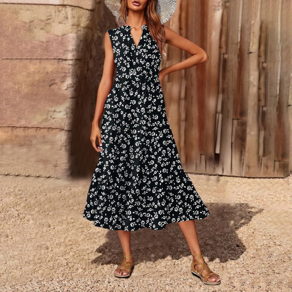 Women's Casual And Fashionable V-neck  Sleeveless Printing Mid Length Dress