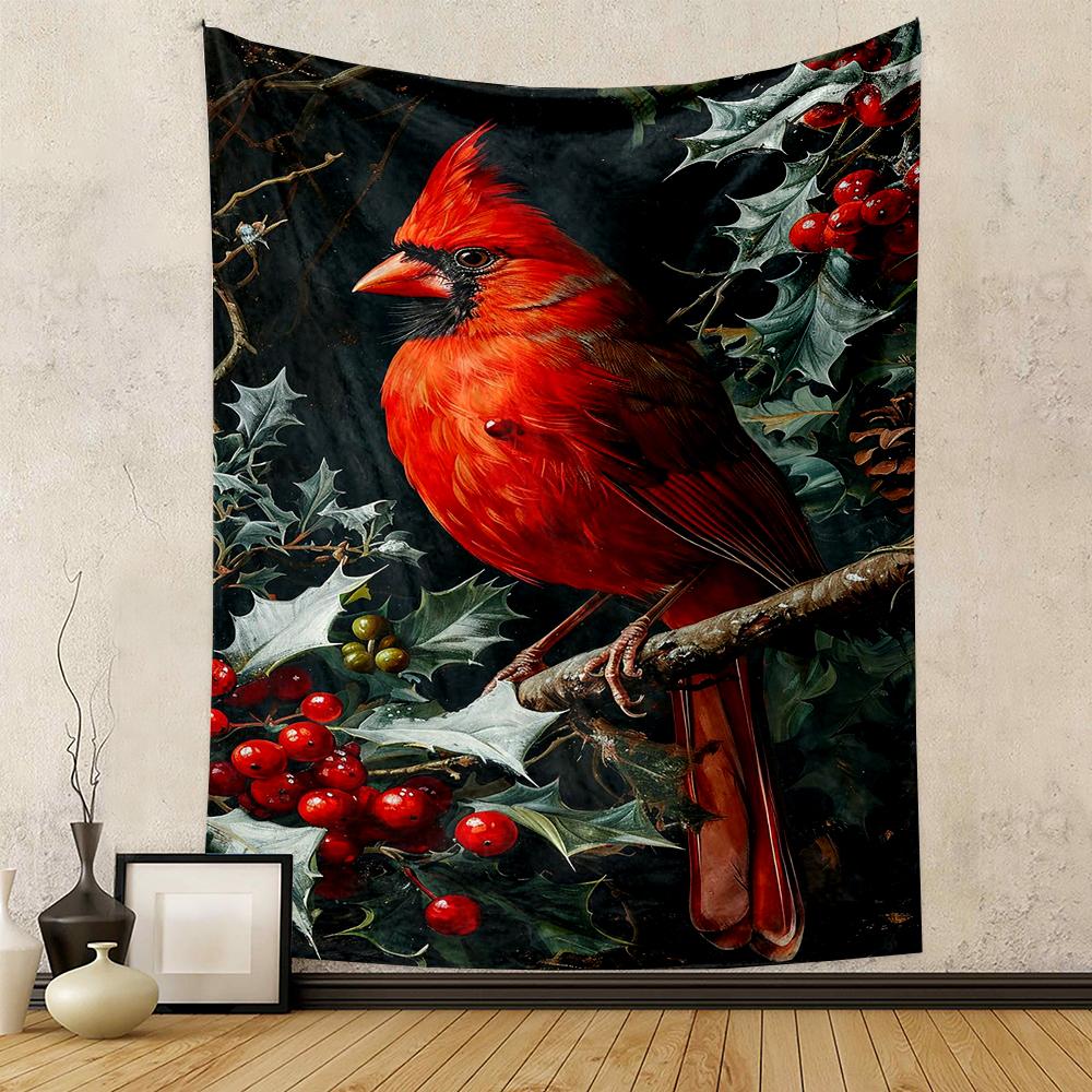 Red Cardinal Bird with Berries Design Patterned tapestry for bedroom and living room home decor
