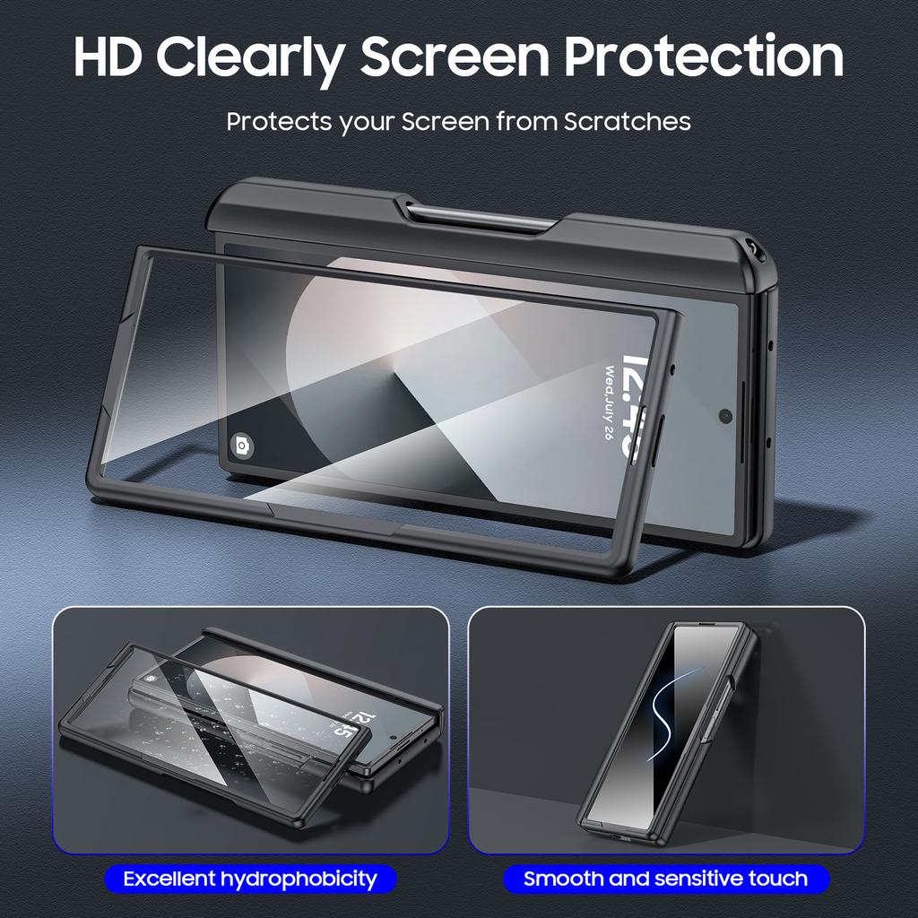 For Samsung Galaxy Z Fold 6,Back Card Pack,Integrated Pen Slot,Full Coverage 9H Protective Film,Shockproof Phone Case-Black