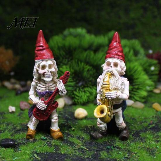 Skeleton Dwarf Band Figurines Halloween Gnome Musician Resin Figurine, Hand-Painted Gothic Statue with Guitar Collectible Musical Statues Saxophone,