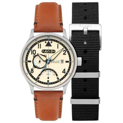 Hawker Hurricane Mckellar Dual Time коричневый бежевый кожаный ремешок кремовый циферблат AV-4101-0C кварцевые мужские часы с дополнительным ремешком