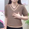 Летний женский свитер крупной вязки с воротником, свободный и стройнящий топ, полосатая футболка из ледяного шелка