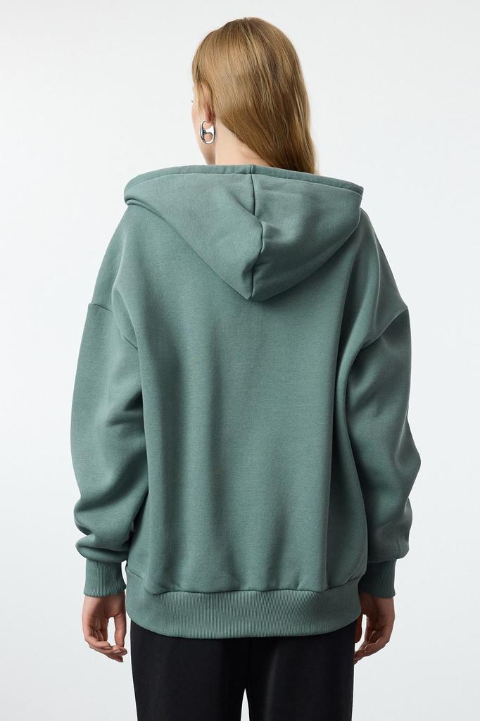 Women's Fashionable Stylish Sweatshirt Stone Oversize Comfortable Cut Basic Hooded Zippered Thick Inside Fleece Knitted Sweatshirt