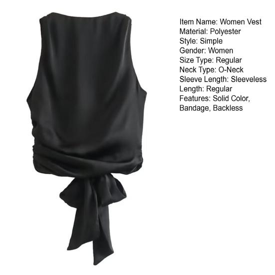 Women Summer Vest Round Neck Sleeveless Backless Smooth Satin Texture Vest Top with Bow Tie Closure Tank Tops