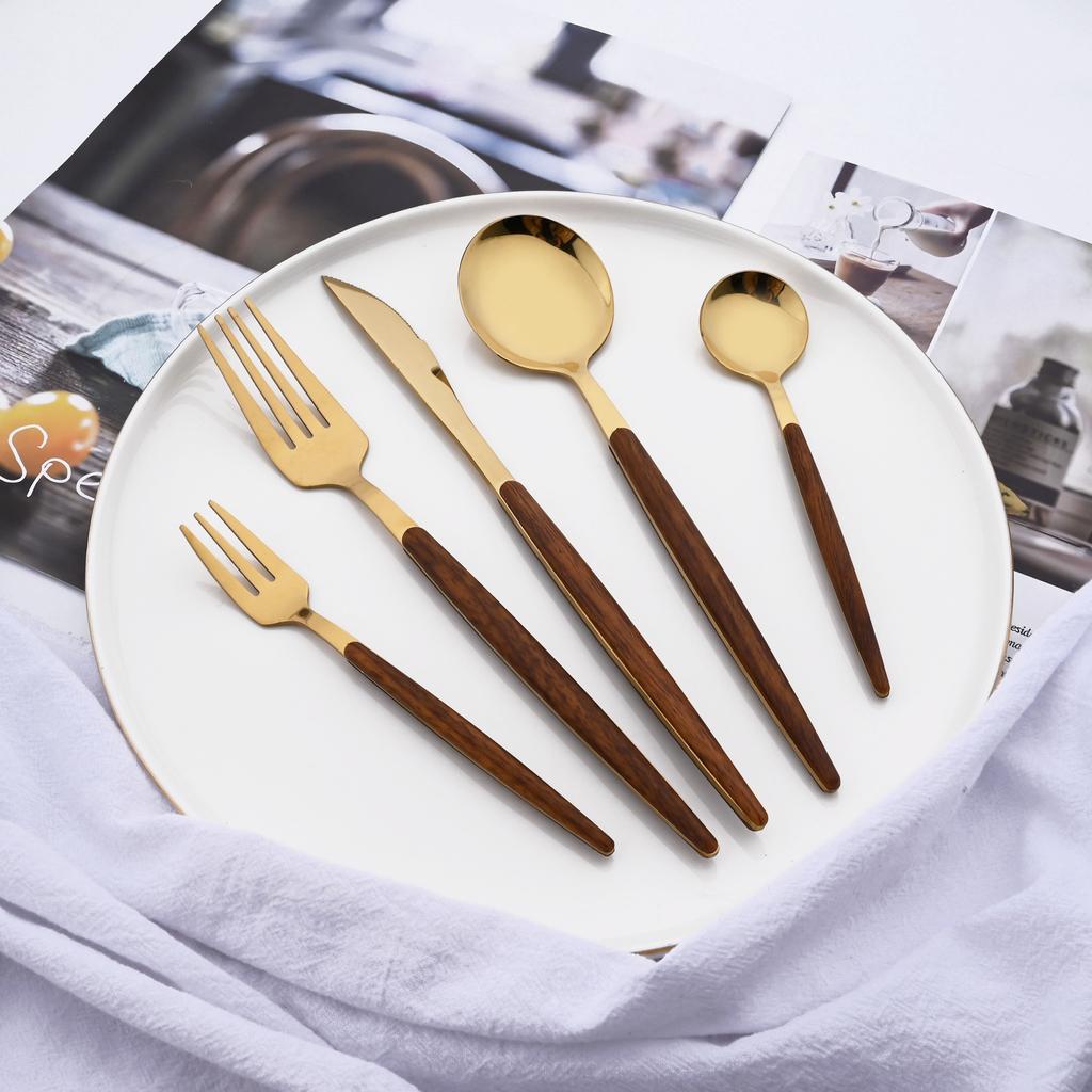 20 шт./5 шт. посуда из нержавеющей стали, нож, вилка, ложка, зеркало, серебристая, золотая, деревянная ручка, посудомоечная машина, кухонные столовые приборы в западном стиле