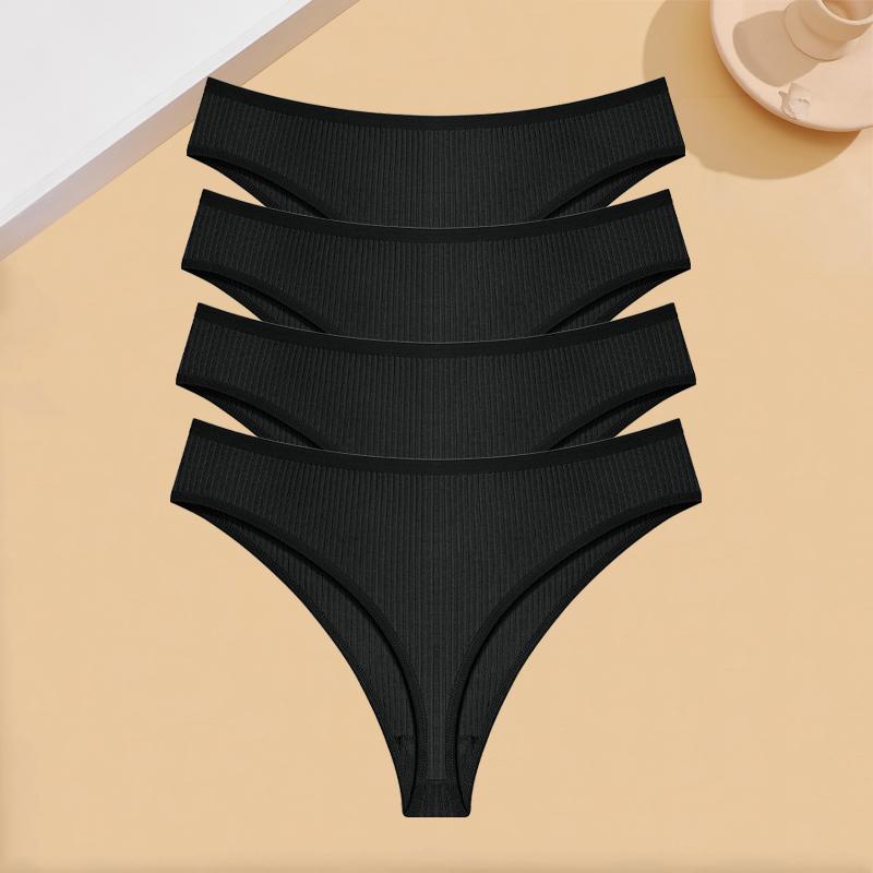 FINETOO 4Pcs Cotton Ribbed Underwear Women's Sexy Low-Waist Breathable Thongs Girls Sports Panties Stretchy T Back Soft Lingerie