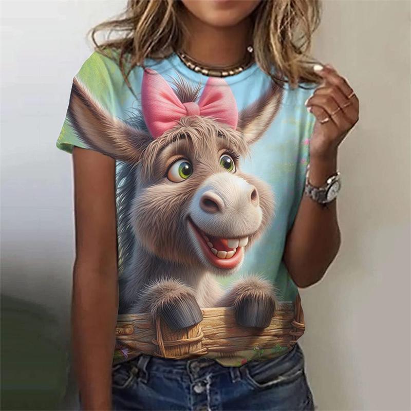Милая футболка с рисунком коровы и осла для женщин, футболки с 3D-принтом и цветами, модные уличные футболки с круглым вырезом и коротким рукавом