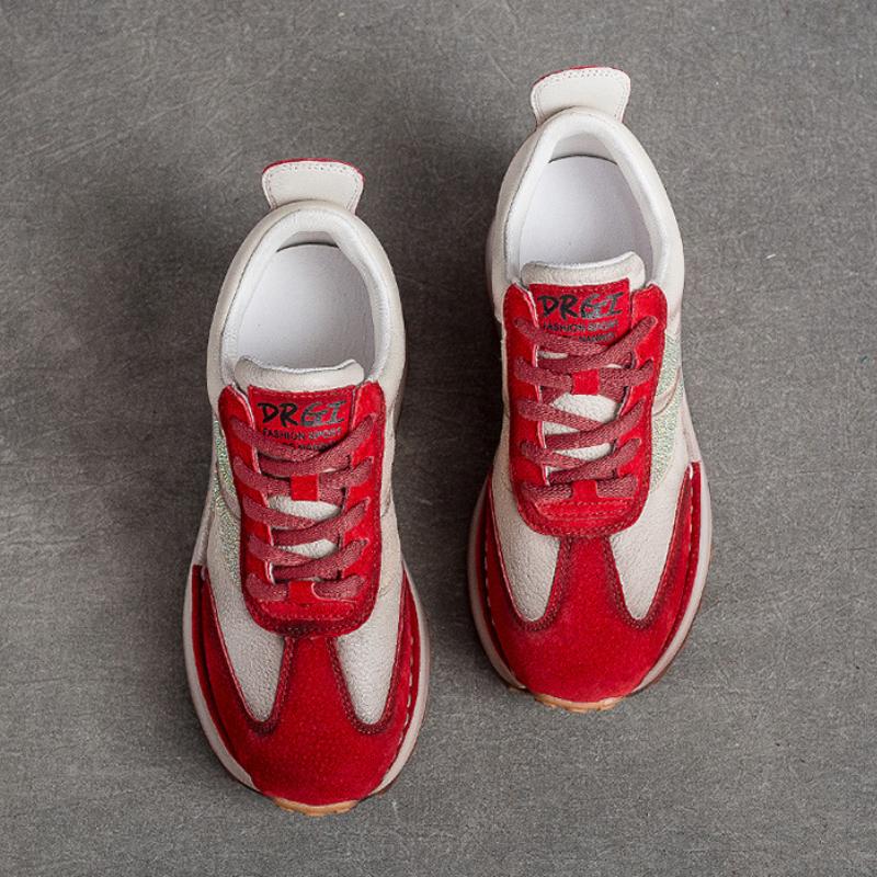 Johnature Genuine Leather Mixed Colors Lace-up Sneakers Women Leisure Sport Soft Sole Comfortable Shoes