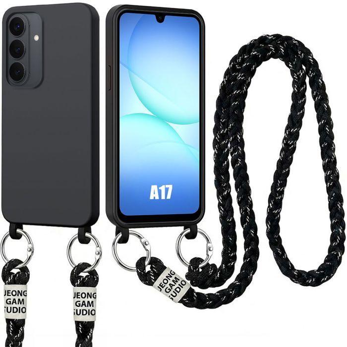Coque pour Samsung Galasy A17 4G/5G, Silicone Souple Anti-Rayures Antichoc avec Cordon Noir