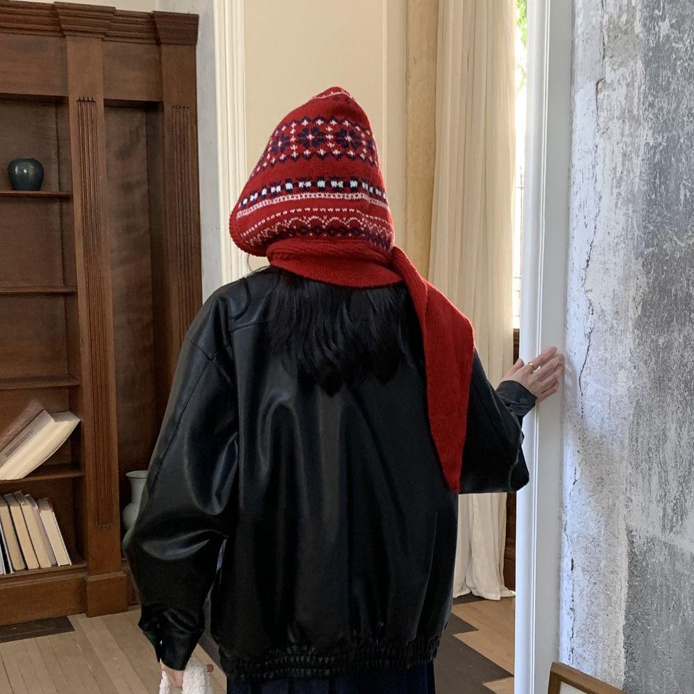 Fair Isle Style Ear Protection Hat Scarf Cap Winter Cap Warm Hooded Hat Outdoor