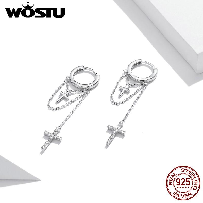 WOSTU Real 925 Sterling Silver Earrings Shining CZ Long Classic Cross Hoop Earrings For Women Friendship Jewelry CQE1002