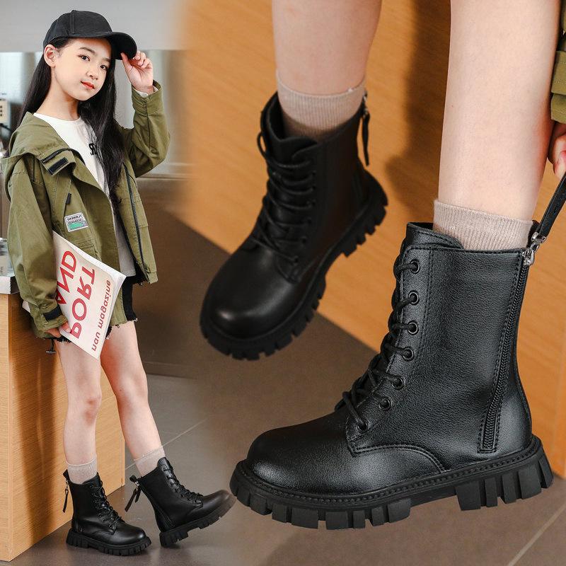 Зима 2025 Ботильоны Мартенсы для девочек с бархатом, кожаные в стиле принцессы для маленьких и больших детей