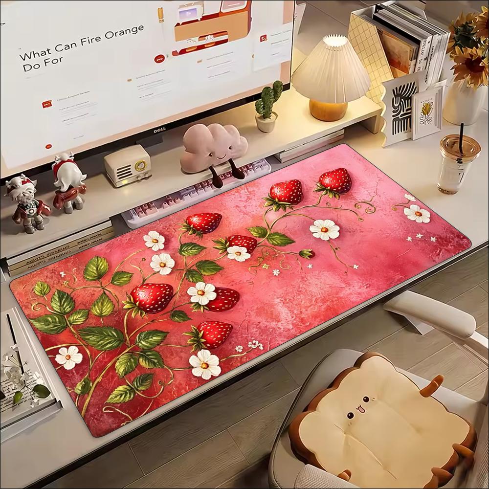 Fresh Strawberry Blossom Print Extended Mousepad Non Slip Rubber Desk Mat For Gaming Laptop Keyboard And Home Office Workstation