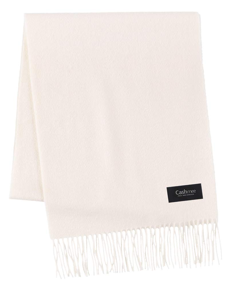 Cashmee 33 Basic Wave Muffler, 100% Inner Mongolian Cashmere Scarf with Fringe, Unisex, Off-White (W)