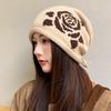 Rose Jacquard Drawstring Stacking Hat Women's Autumn and Winter New Versatile Curling Face Small Baotou Hat Ear Protector Knitted Cold Hat